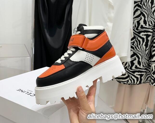 Unique Style Celine Triomphe Leather Platform Boot Sneakers with Strap White/Black/Orange 080868