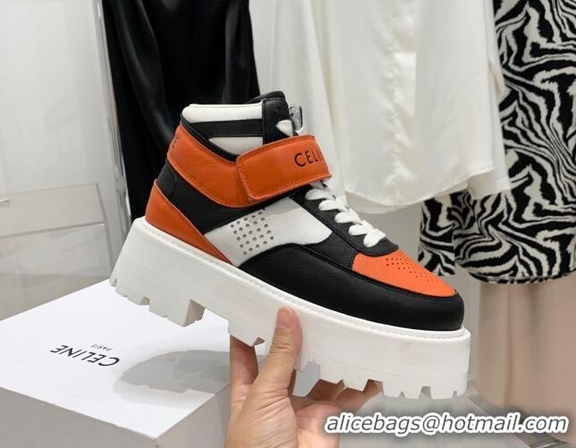 Unique Style Celine Triomphe Leather Platform Boot Sneakers with Strap White/Black/Orange 080868