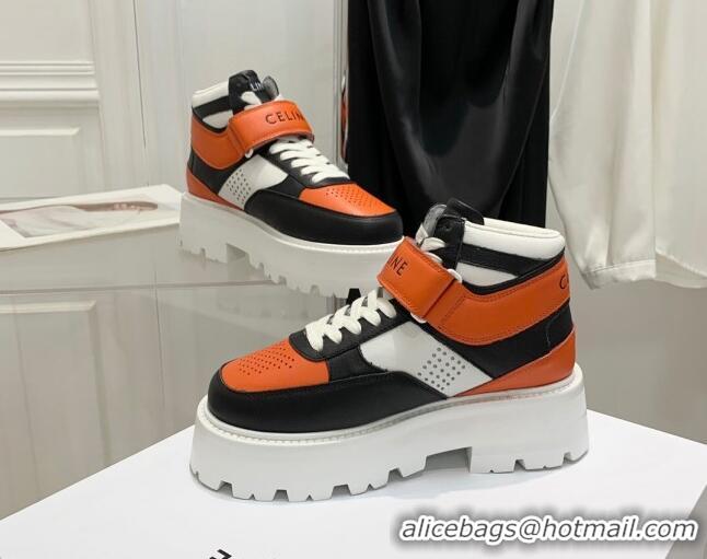 Unique Style Celine Triomphe Leather Platform Boot Sneakers with Strap White/Black/Orange 080868