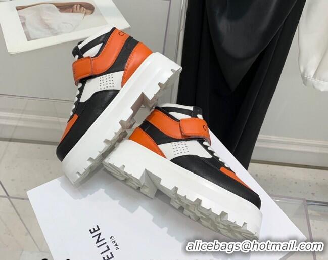 Unique Style Celine Triomphe Leather Platform Boot Sneakers with Strap White/Black/Orange 080868