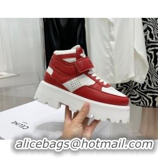 Best Grade Celine Triomphe Leather Platform Boot Sneakers with Strap White/Red 080869