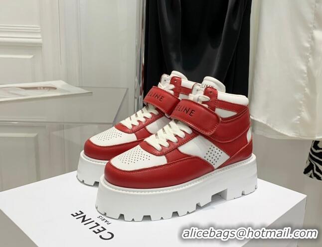 Best Grade Celine Triomphe Leather Platform Boot Sneakers with Strap White/Red 080869