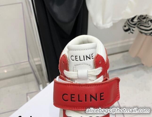 Best Grade Celine Triomphe Leather Platform Boot Sneakers with Strap White/Red 080869