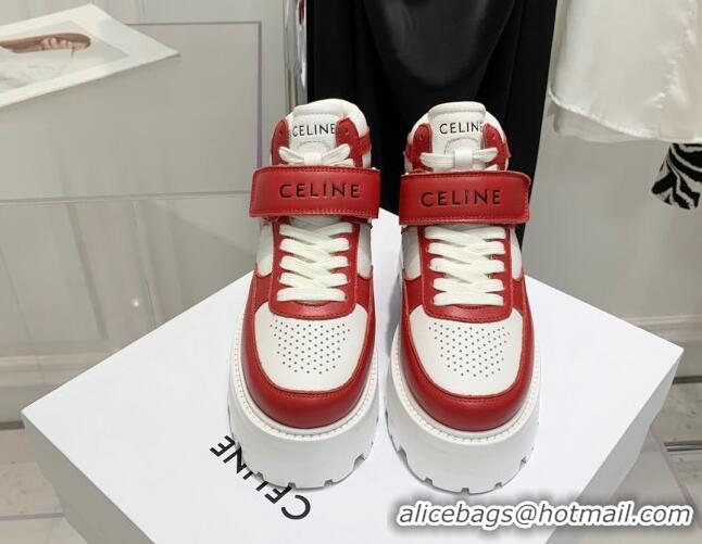 Best Grade Celine Triomphe Leather Platform Boot Sneakers with Strap White/Red 080869