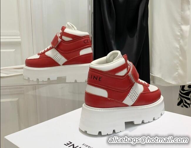 Best Grade Celine Triomphe Leather Platform Boot Sneakers with Strap White/Red 080869