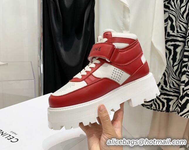 Best Grade Celine Triomphe Leather Platform Boot Sneakers with Strap White/Red 080869