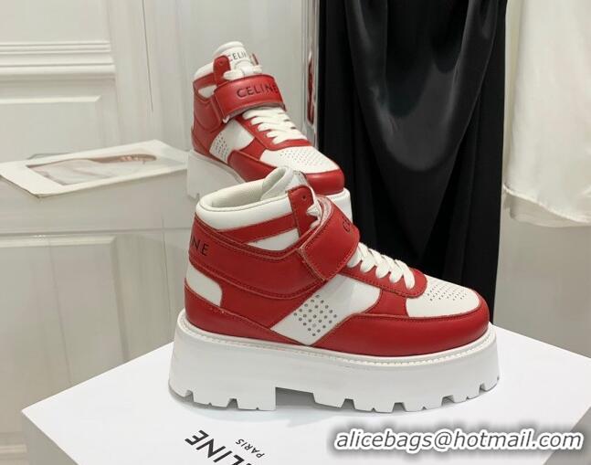 Best Grade Celine Triomphe Leather Platform Boot Sneakers with Strap White/Red 080869