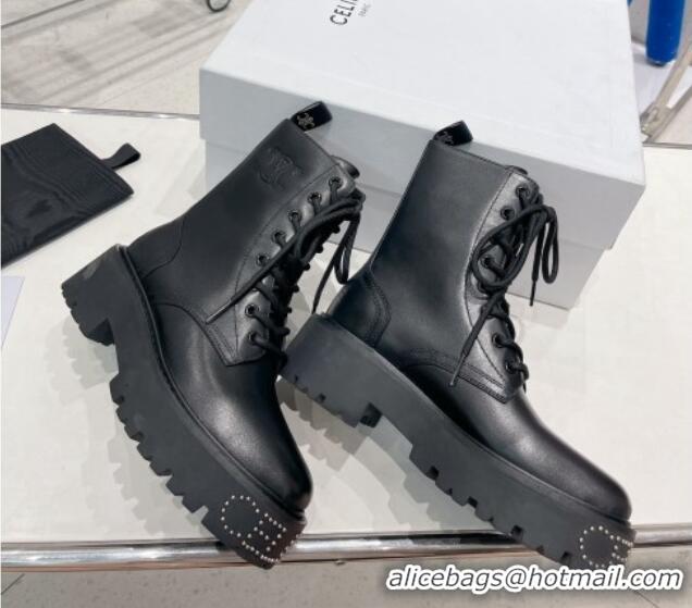 Unique Discount Celine Calf Leather Lace-up Ankle Boots Black 081224