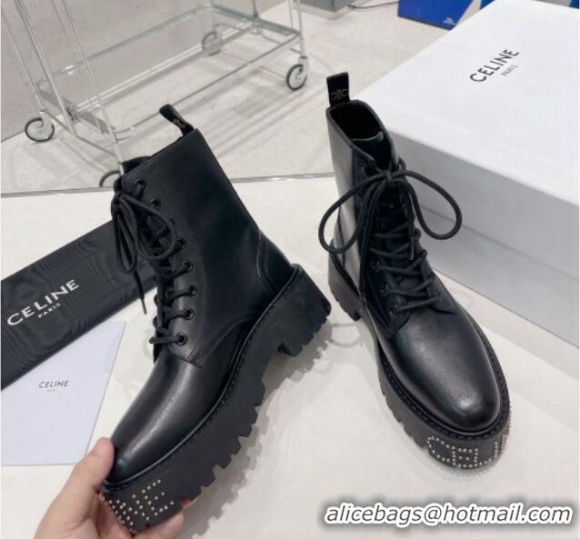 Unique Discount Celine Calf Leather Lace-up Ankle Boots Black 081224