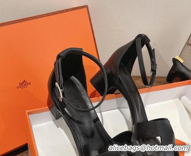 Perfect Hermes Santorini Swift Calfskin Sandal 5cm 052334 Black