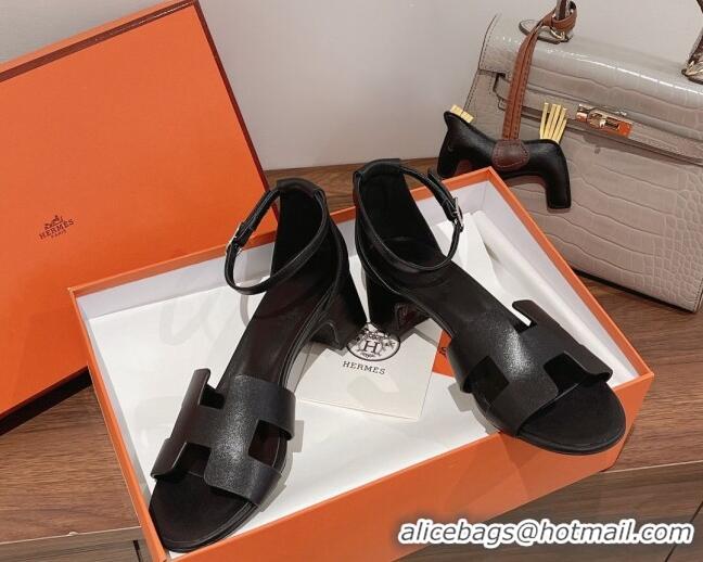 Perfect Hermes Santorini Swift Calfskin Sandal 5cm 052334 Black