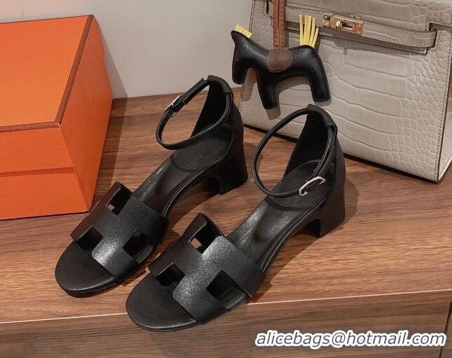 Perfect Hermes Santorini Swift Calfskin Sandal 5cm 052334 Black