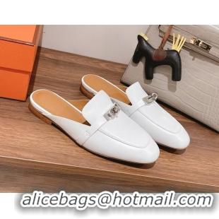 Luxurious Hermes Oz Kelly Buckle Calfskin Flat Mules White 052337