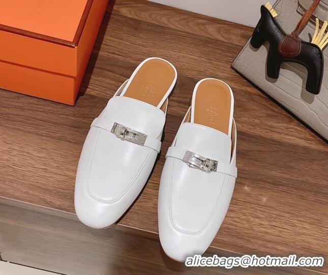 Luxurious Hermes Oz Kelly Buckle Calfskin Flat Mules White 052337