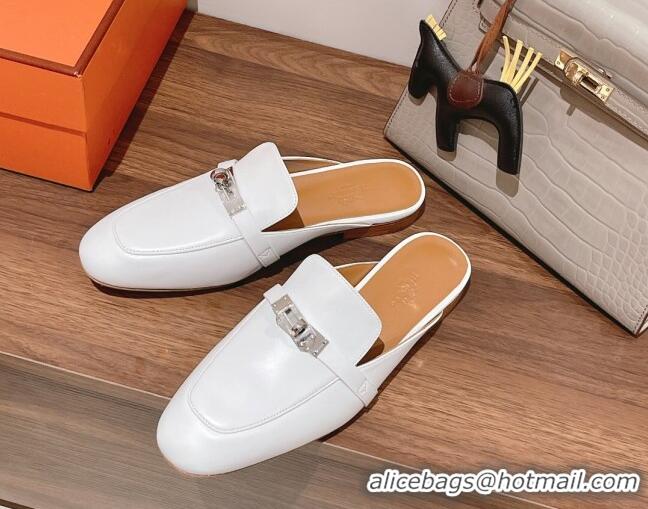 Luxurious Hermes Oz Kelly Buckle Calfskin Flat Mules White 052337