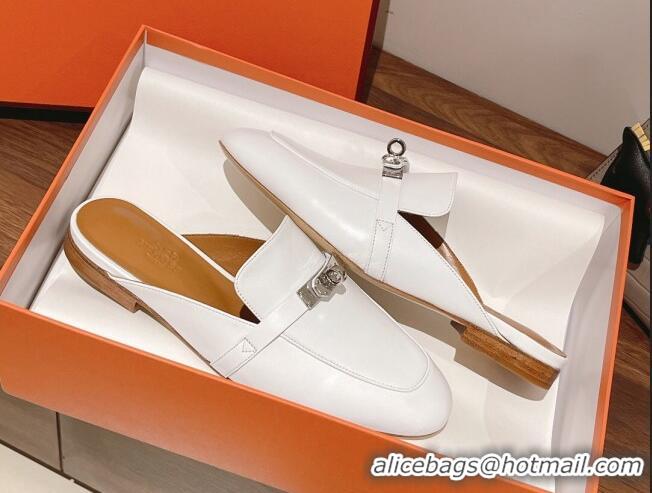 Luxurious Hermes Oz Kelly Buckle Calfskin Flat Mules White 052337