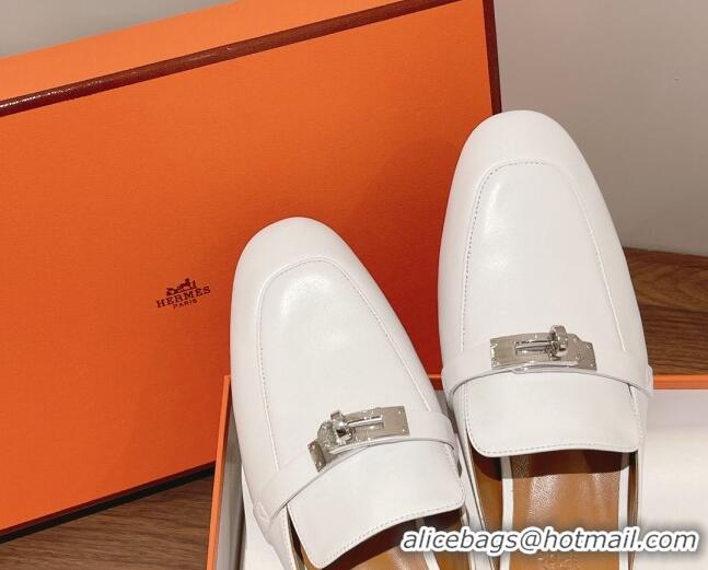 Luxurious Hermes Oz Kelly Buckle Calfskin Flat Mules White 052337