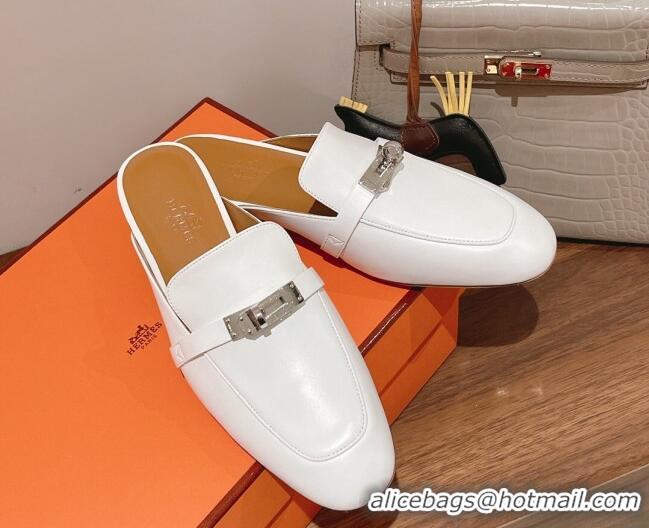 Luxurious Hermes Oz Kelly Buckle Calfskin Flat Mules White 052337