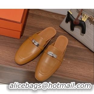 Purchase Hermes Oz Kelly Buckle Calfskin Flat Mules Brown 052338