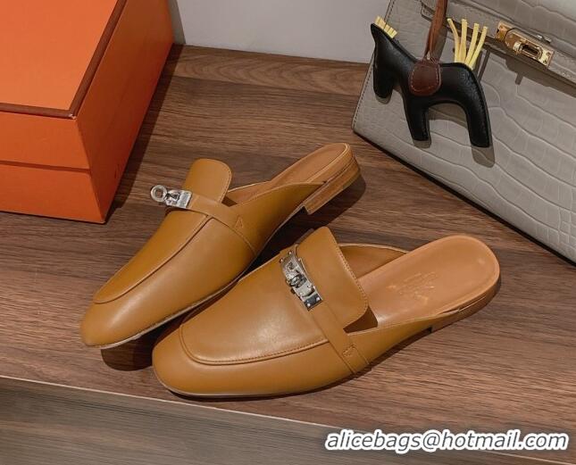 Purchase Hermes Oz Kelly Buckle Calfskin Flat Mules Brown 052338