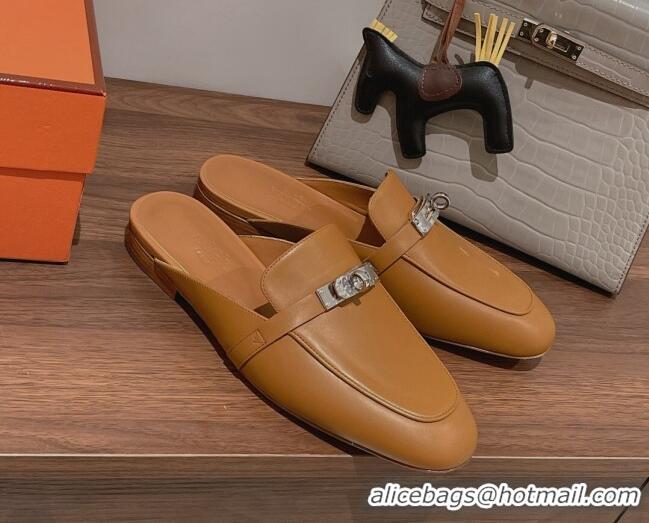 Purchase Hermes Oz Kelly Buckle Calfskin Flat Mules Brown 052338