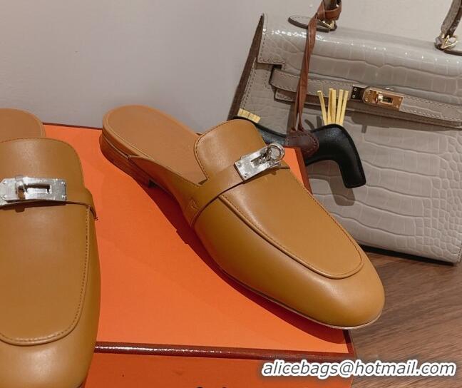 Purchase Hermes Oz Kelly Buckle Calfskin Flat Mules Brown 052338