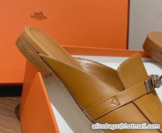 Purchase Hermes Oz Kelly Buckle Calfskin Flat Mules Brown 052338