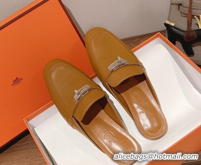 Purchase Hermes Oz Kelly Buckle Calfskin Flat Mules Brown 052338