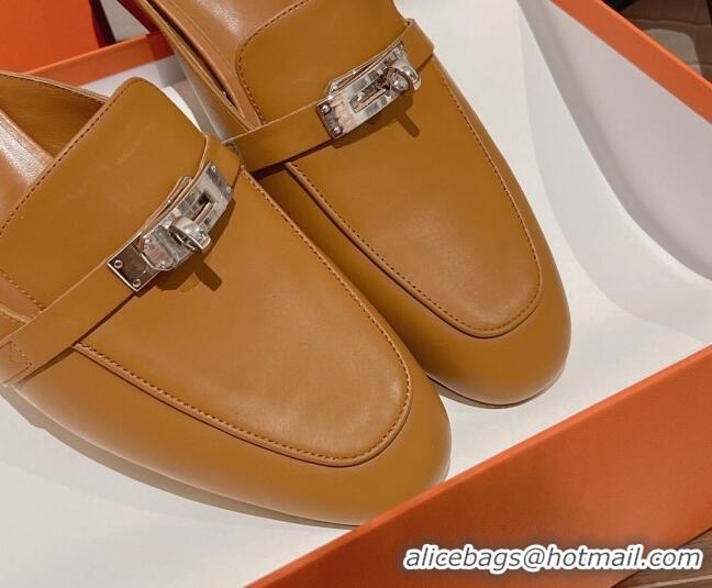 Purchase Hermes Oz Kelly Buckle Calfskin Flat Mules Brown 052338