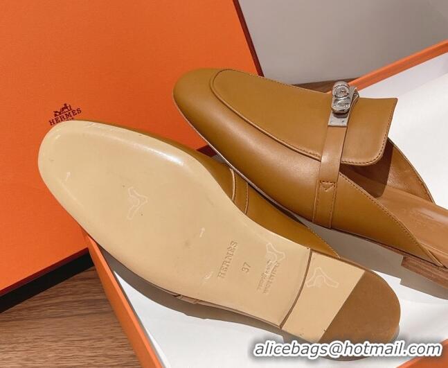 Purchase Hermes Oz Kelly Buckle Calfskin Flat Mules Brown 052338