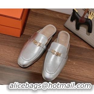 Unique Style Hermes Oz Kelly Buckle Calfskin Flat Mules Silver 052339