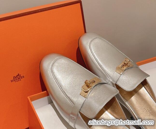 Unique Style Hermes Oz Kelly Buckle Calfskin Flat Mules Silver 052339