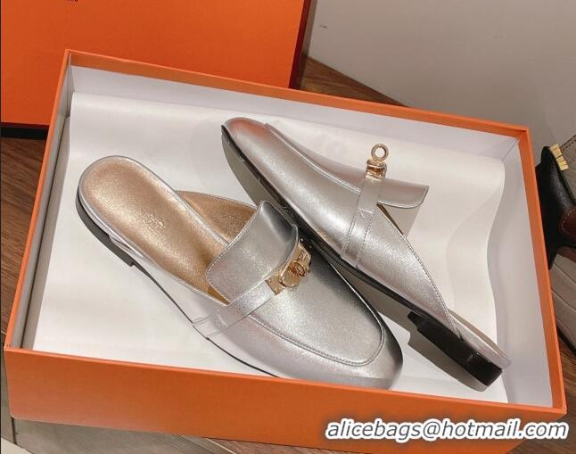 Unique Style Hermes Oz Kelly Buckle Calfskin Flat Mules Silver 052339