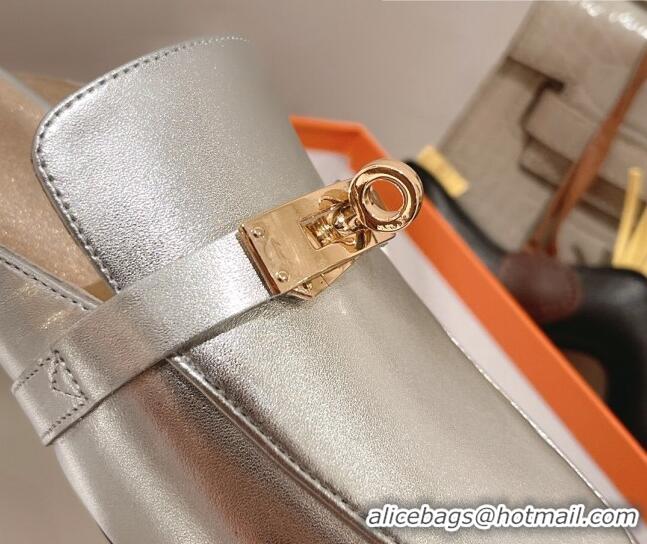 Unique Style Hermes Oz Kelly Buckle Calfskin Flat Mules Silver 052339