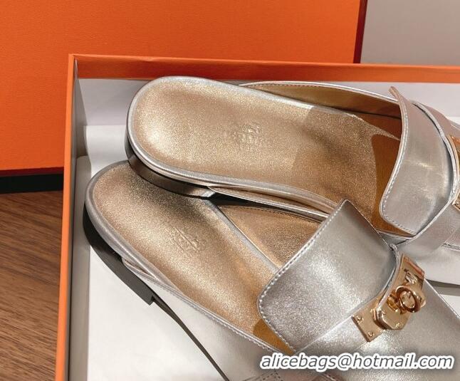 Unique Style Hermes Oz Kelly Buckle Calfskin Flat Mules Silver 052339