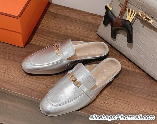 Unique Style Hermes Oz Kelly Buckle Calfskin Flat Mules Silver 052339