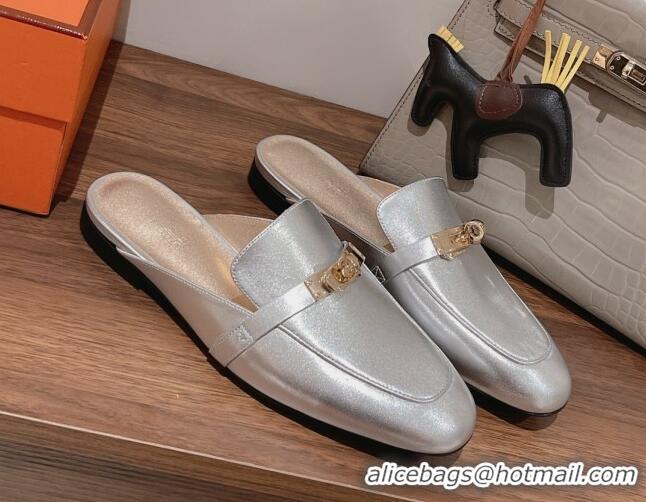 Unique Style Hermes Oz Kelly Buckle Calfskin Flat Mules Silver 052339