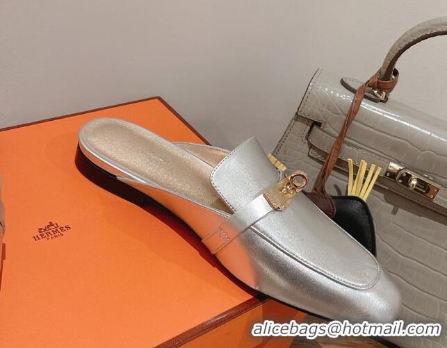 Unique Style Hermes Oz Kelly Buckle Calfskin Flat Mules Silver 052339