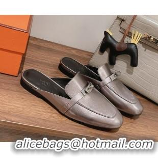 Classic Hot Hermes Oz Kelly Buckle Calfskin Flat Mules Grey 052340