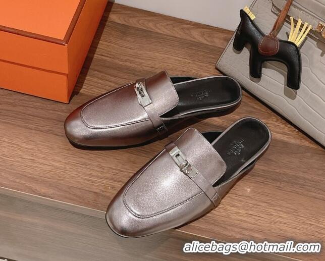 Classic Hot Hermes Oz Kelly Buckle Calfskin Flat Mules Grey 052340