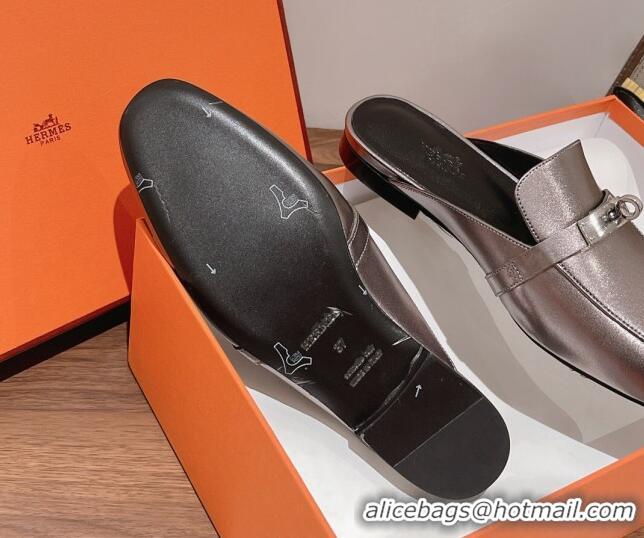 Classic Hot Hermes Oz Kelly Buckle Calfskin Flat Mules Grey 052340