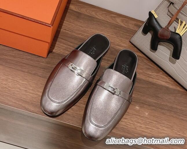 Classic Hot Hermes Oz Kelly Buckle Calfskin Flat Mules Grey 052340