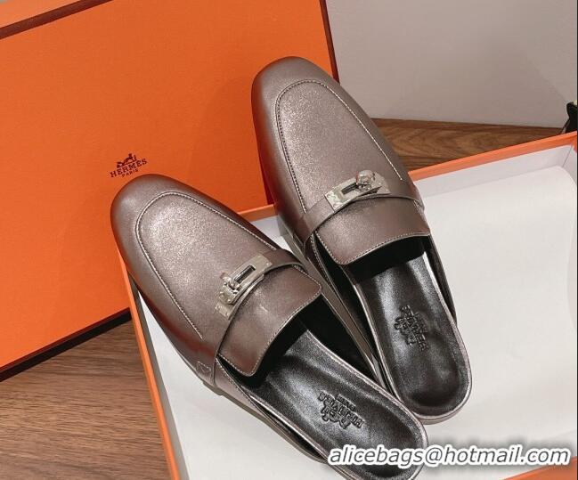 Classic Hot Hermes Oz Kelly Buckle Calfskin Flat Mules Grey 052340