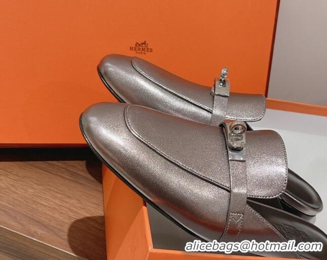 Classic Hot Hermes Oz Kelly Buckle Calfskin Flat Mules Grey 052340