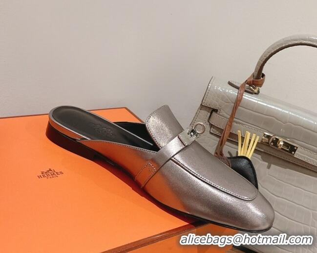 Classic Hot Hermes Oz Kelly Buckle Calfskin Flat Mules Grey 052340