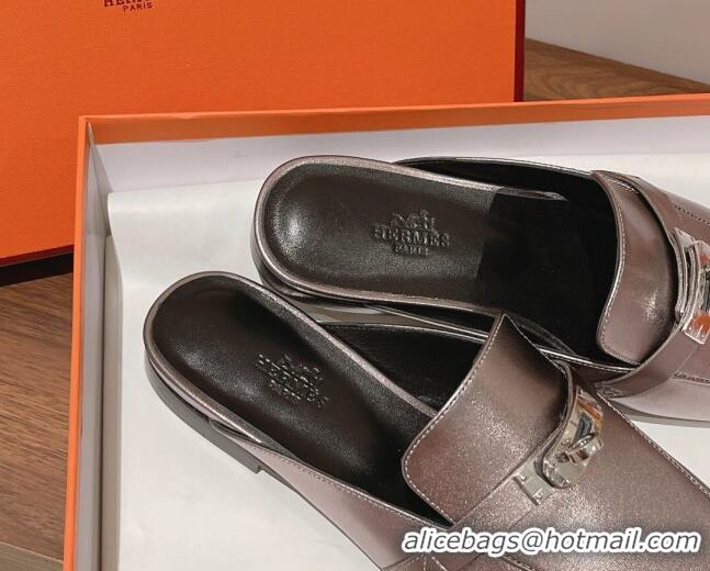 Classic Hot Hermes Oz Kelly Buckle Calfskin Flat Mules Grey 052340