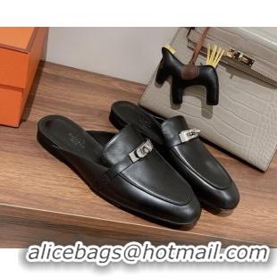 Sumptuous Hermes Oz Kelly Buckle Calfskin Flat Mules White/Black 052341