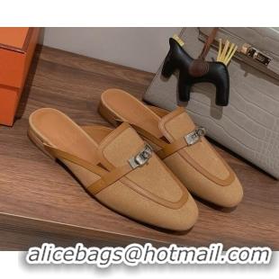  Low Cost Hermes Oz Kelly Buckle Canvas Flat Mules Beige 052343