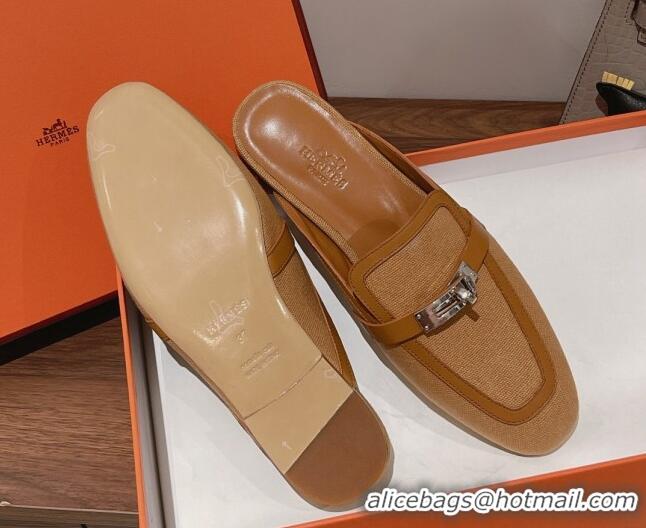  Low Cost Hermes Oz Kelly Buckle Canvas Flat Mules Beige 052343