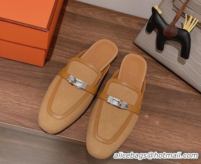  Low Cost Hermes Oz Kelly Buckle Canvas Flat Mules Beige 052343